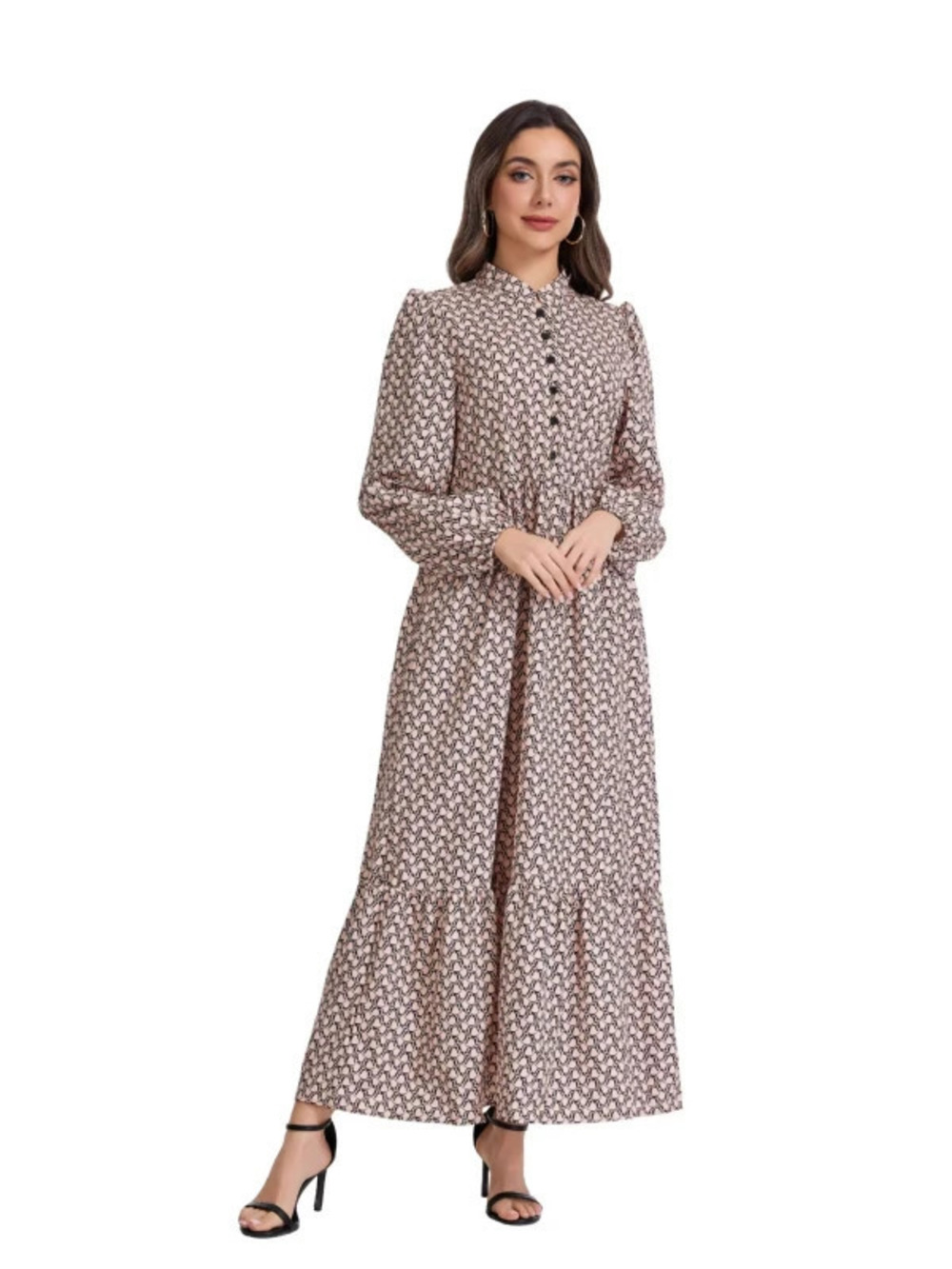 Actual Photo Hot Selling Geometric Print Long Sleeve Dress Belt Not Included